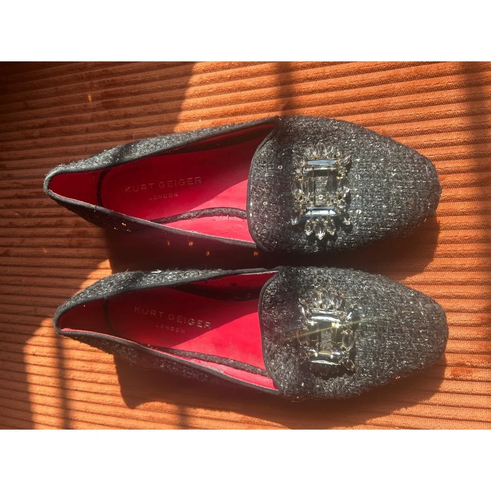Kurt Geiger Loafers Women's Size 8 Black Good Crystal Buckle Tweed‎ Sparkle